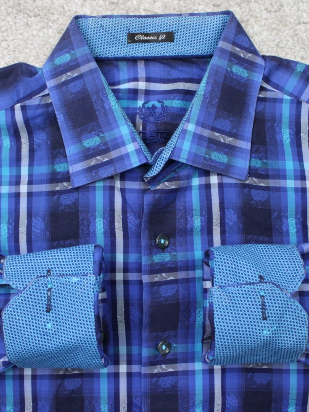 Bugatchi Uomo Shirt Mens XL Blue Plaid Classic Fit 100% Cotton Long Sleeve